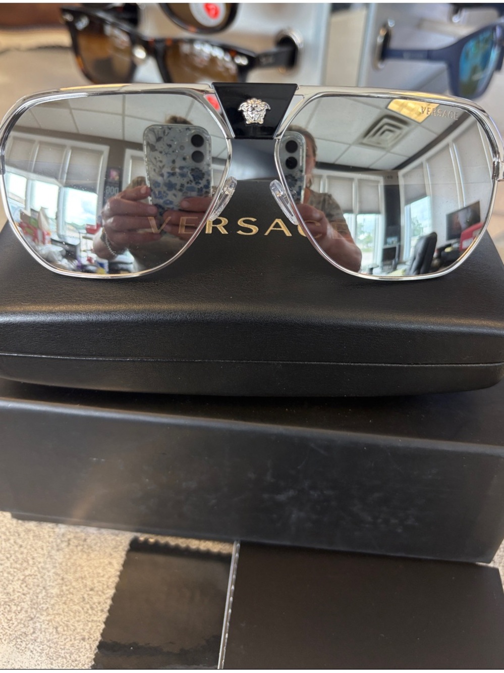 Versace Men’s Silver Mirrored Aviator Sunglasses with Black Bridge